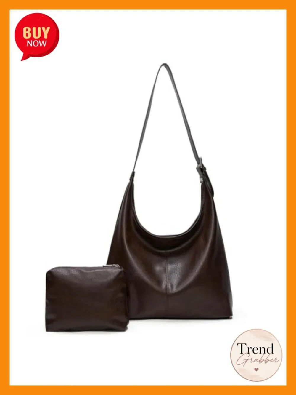 Vegan Leather Slouchy Hobo Shoulder Bag with Matching Pouch Laptop Tote